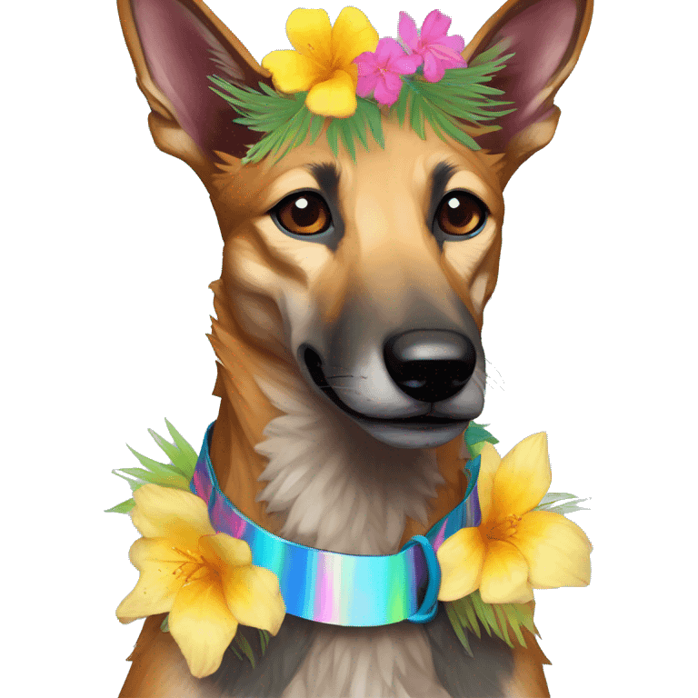  brindle brown black maroon striped lurcher Alsatian fox running blue eyes and iridescent holographic oilslick harness wearing paper iridescent tropical flower crown yellow caution tape emoji