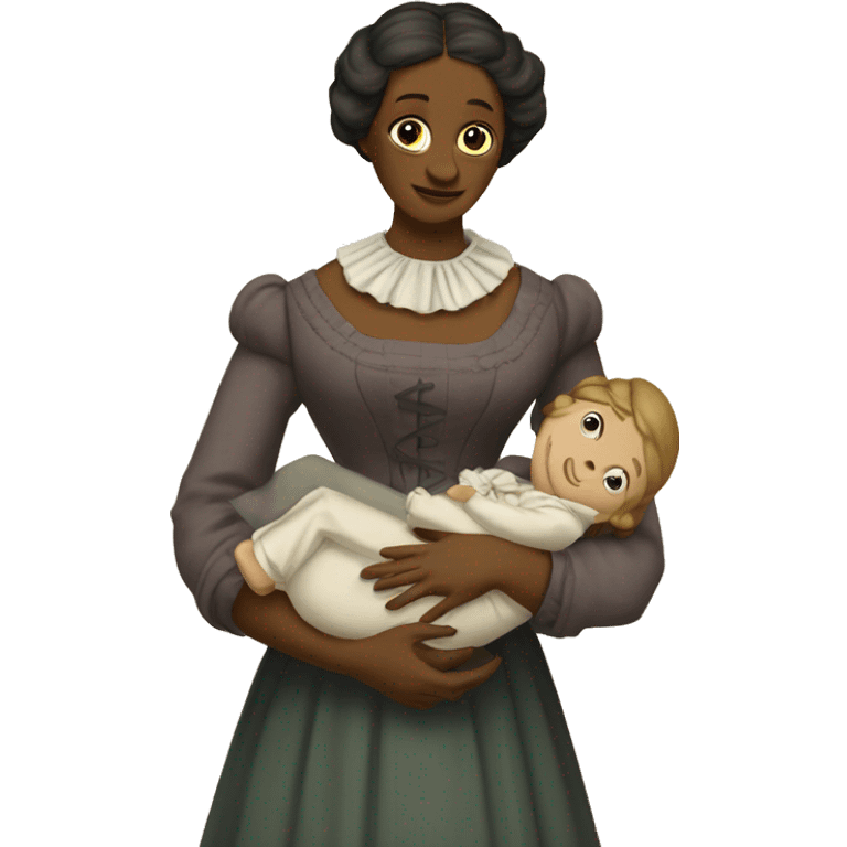 A 19th century woman with a child in her arms. There is a big letter "A" on the dress emoji