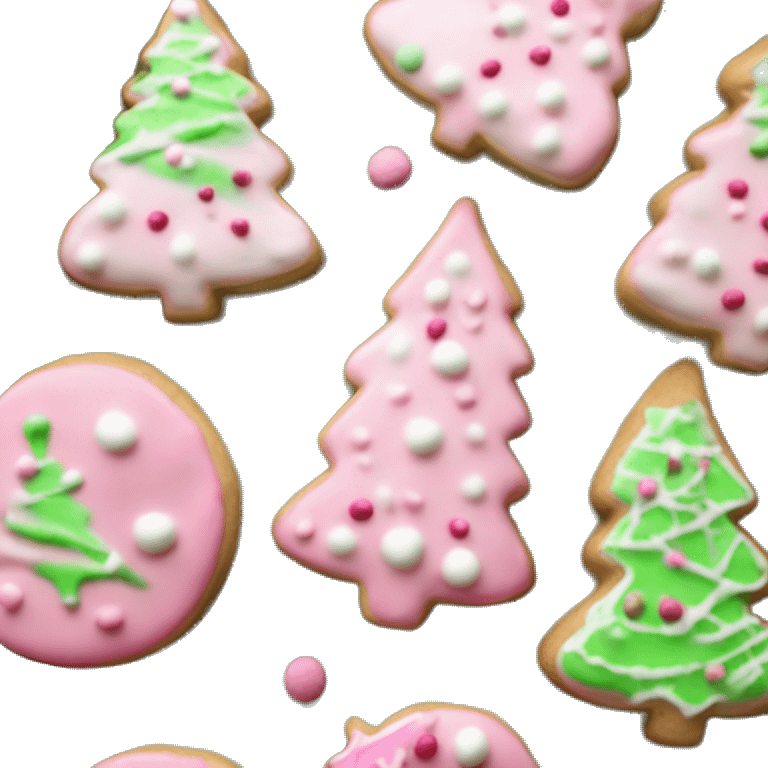 Christmas cookies on a pan with pink and white frosting and green and pink sprinkles ￼ emoji