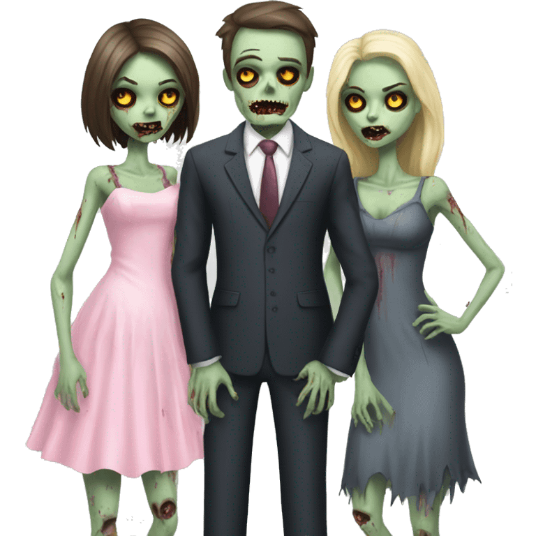 2 zombie girls wearing dresses one zombie man in suit emoji