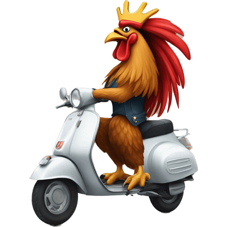 howling rooster with a crown on its head driving a scouter vespa emoji