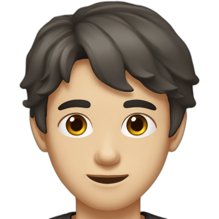 portrait of 18 years old guy, dark brown hair bangs to the left, gray eyes, black T-shirt emoji