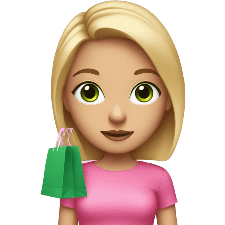 cute dark blonde with green eyes wearing pink surrounded by pink shopping bags emoji