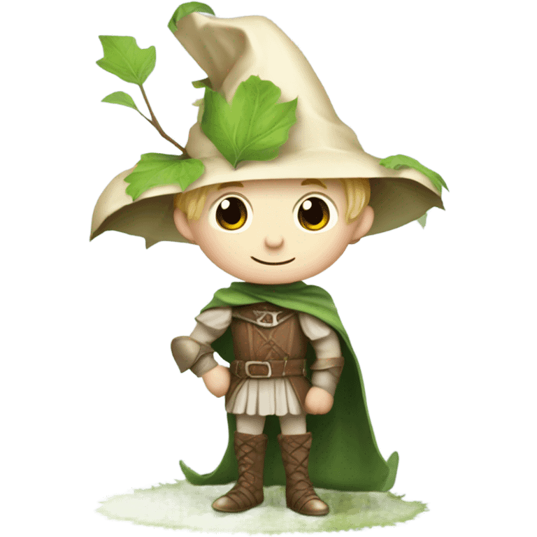 whimsical fairytale medieval pale boy who is tiny and wearing a giant leaf hat and big boots emoji