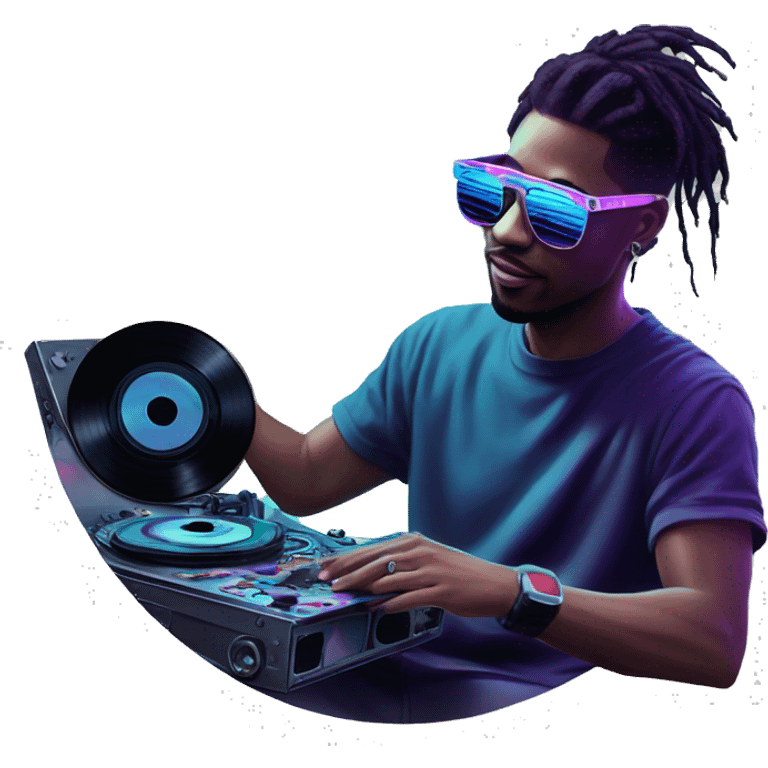 A dj wearing sunglasses playing music holding a cd record record, vinyl, oilslick holographic blacklight inverted graffiti dark dull emoji