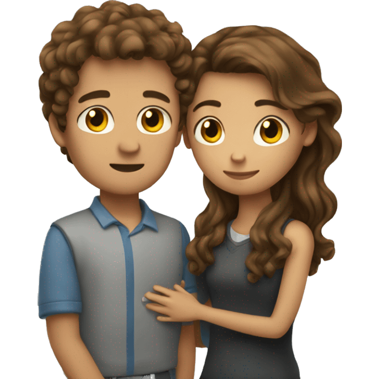 Girl with long straight brown hair facing a guy with short curly brown hair hugging emoji