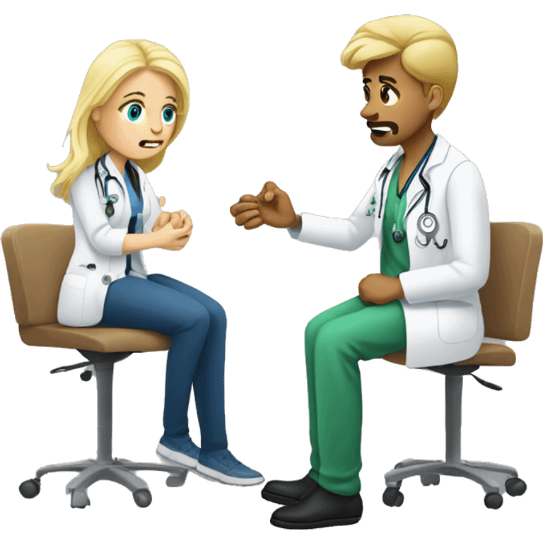 Scared white masculine male patient with a blonde female doctor examining his foot emoji