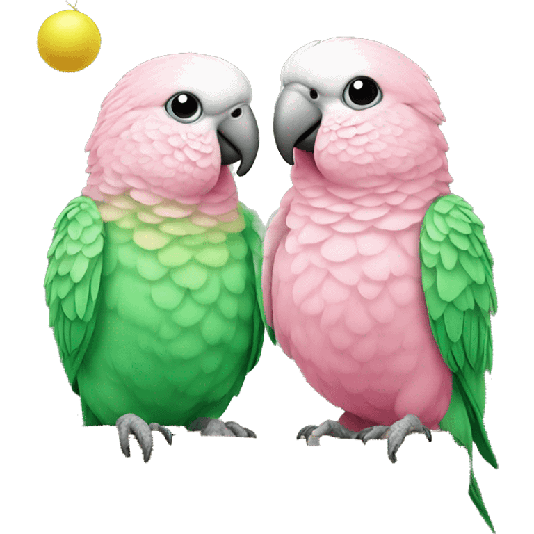 2 Pink parakeets with green wicker ball emoji