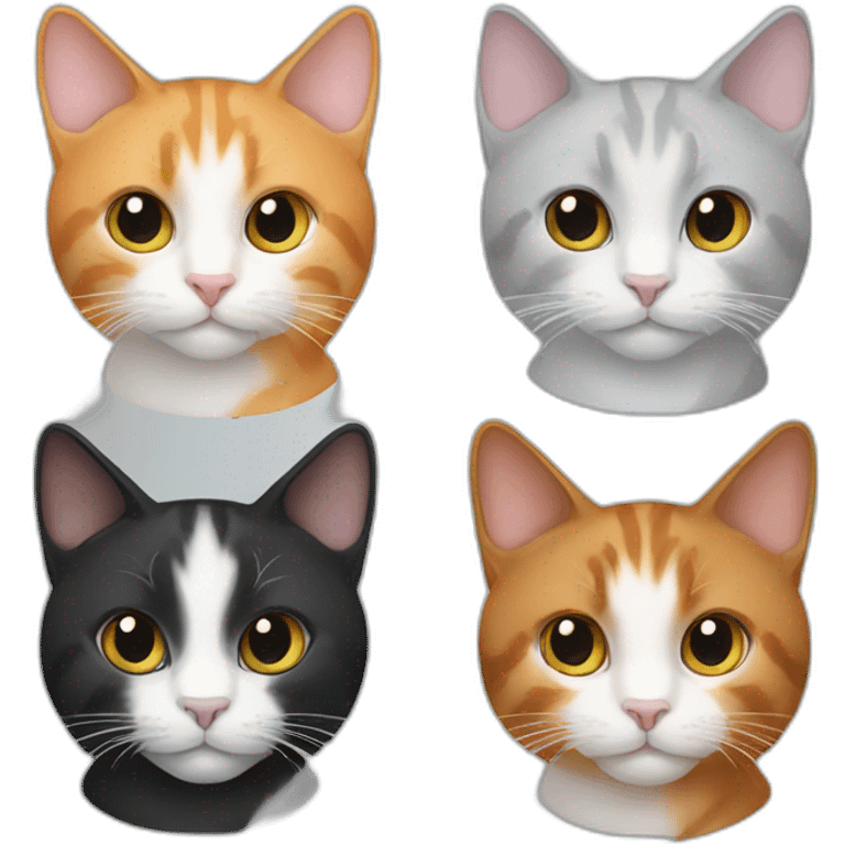 four cats, one black, one black and wthite, one ginger and one grey and white emoji