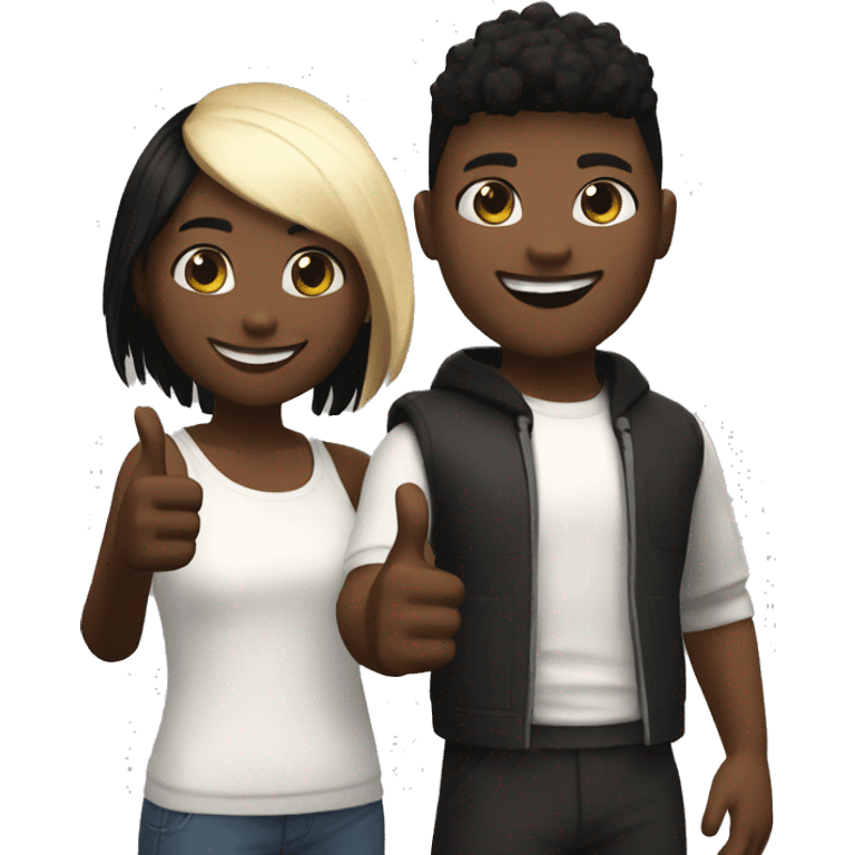 A black Roblox girl, a white American Roblox boy standing together. Both of them giving a thumbs up and smiling emoji