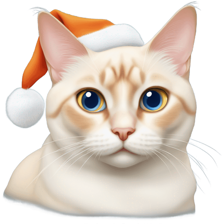 chubby flame point Siamese, white fur with orange accents and blue eyes wearing a red christmas hat  emoji