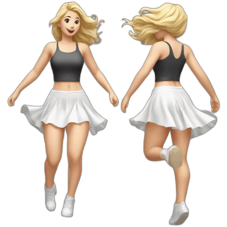 Hyperrealistic Full body Caucasian curvy beauty jumping short white skirt back and front views strong wind emoji