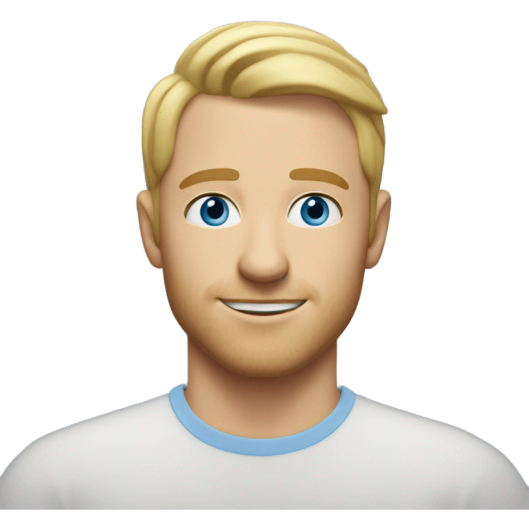 A head and shoulders shot of a 32 year old white man, with short blonde hair,   with blue eyes wearing a t-shirt. emoji