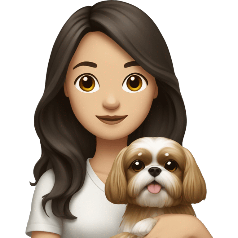 Young dark brunette hair woman with a golden shih tzu in her arms long hair emoji