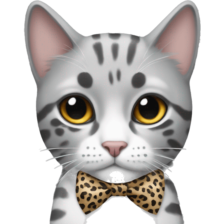 grey and white cat wearing a leopard print bow emoji