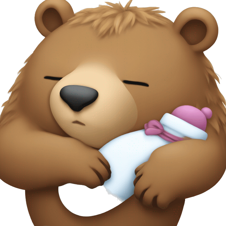 Big bear sleeping with a sleeping stocking on his head cradling a baby capybara who is also sleeping emoji