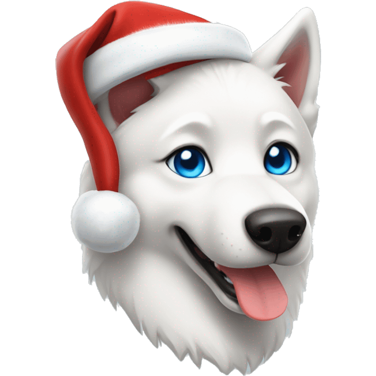 White husky with blue eyes wearing red Santa hat emoji