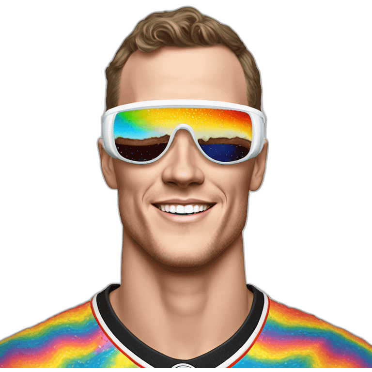 Fancy disco Jonathan Toews wearing rainbow lace shirt and wearing VR glasses and eating a moon pie emoji