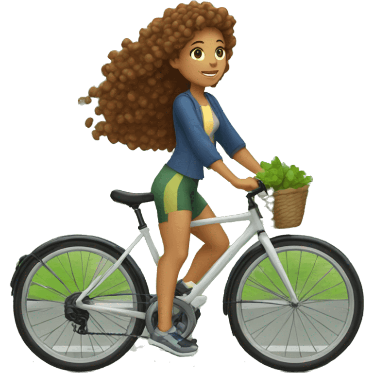 Fair girl with curly brown hair riding bicycle early in the morning with trees in the background  emoji