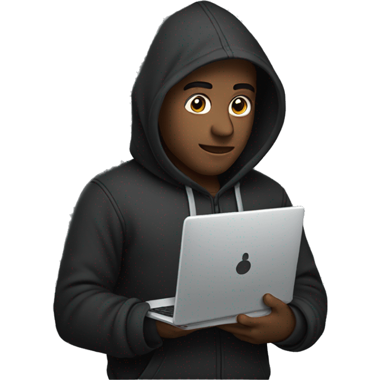 man in dark hoodie holding laptop emoji