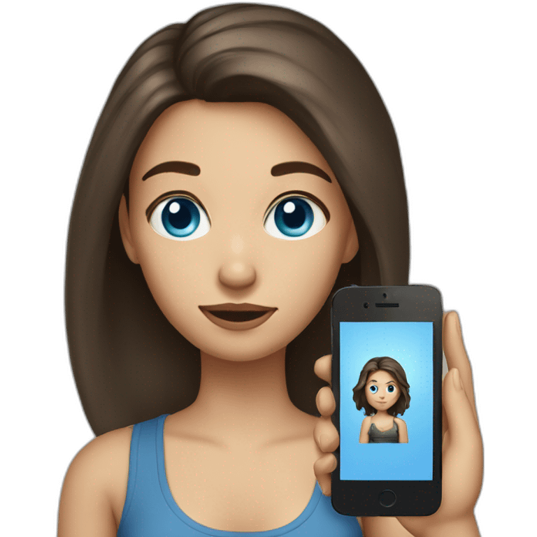 Brunette girl with hair attached to blue eyes with a phone in her hand emoji