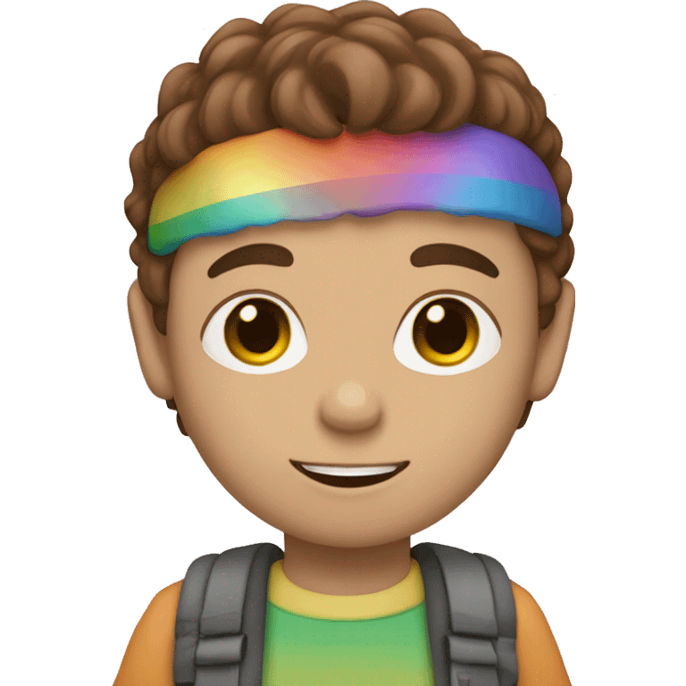 a boy with brown hair holding a heart with rainbow colors emoji