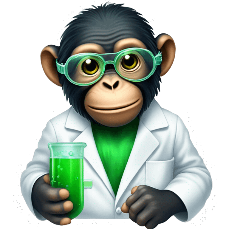 Chimpanzee wearing safety goggles and a lab coat while holding a vile of green liquid and rubbing his chin curiously emoji