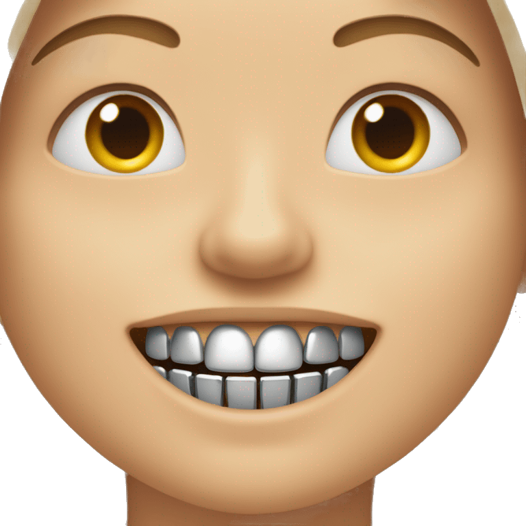 person with metal line braces on white teeth smiling emoji