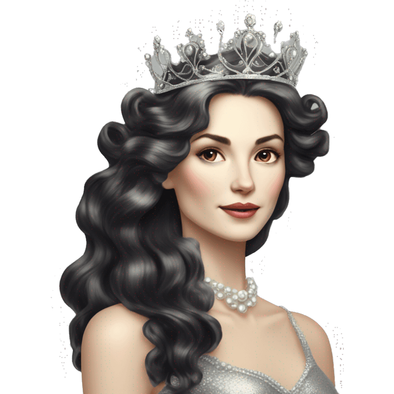 Regal pretty slender middle age woman photograph defined cheekbones high cheekbones crown vintage with very long iridescent black and silver hair wavy long hair pearl crown iridescent emoji