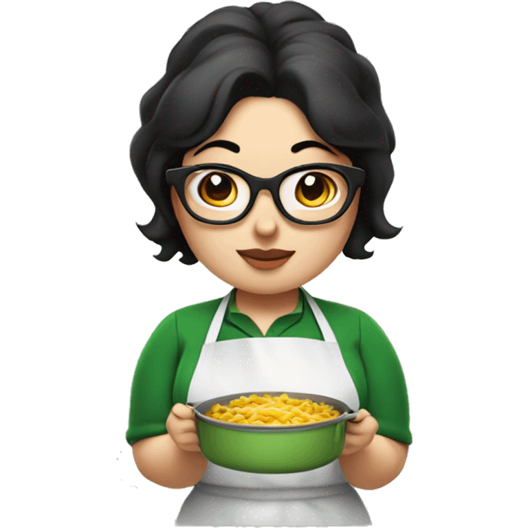 chubby lady with black hair green apron  with glasses cooking  emoji