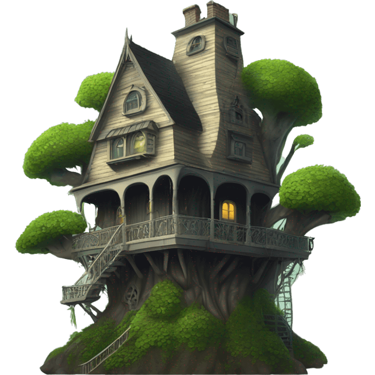 Fantastic fantasy haunted Addams family treehouse hotel overgrown in the woods  emoji