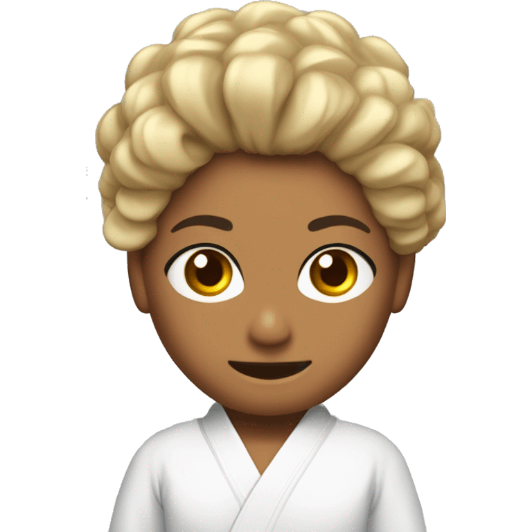 Genera un moreno cabello de cabello ondulado rapado en los lados  y ojos marrones claros, vestido con un uniforme de karate, con una cinta negra en la frente. emoji