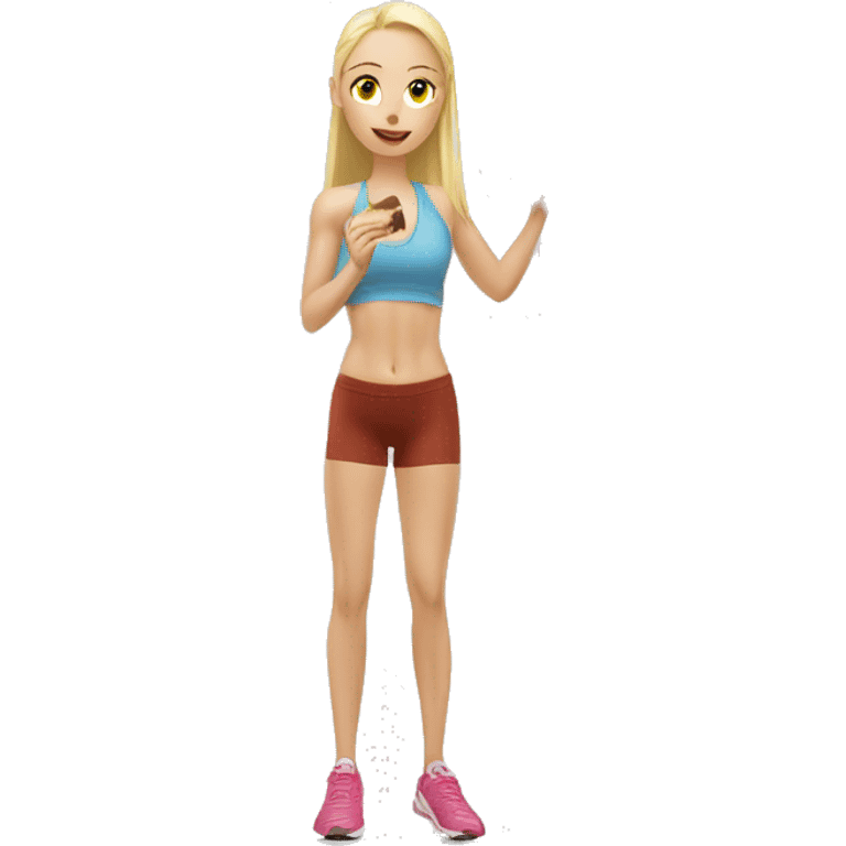 Side view realistic sporty blond girl eating protein bar  emoji