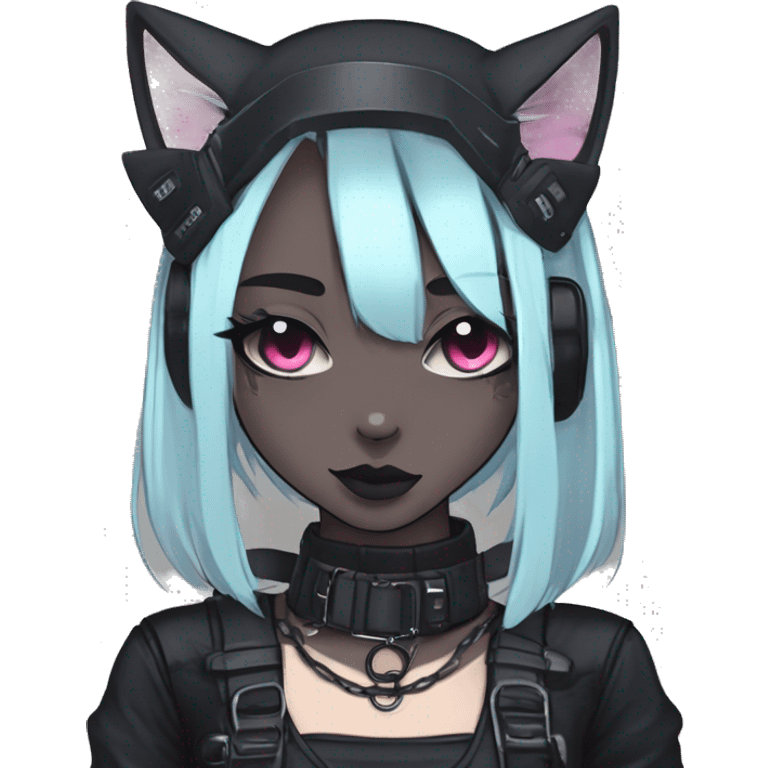 Gorgeous gothic dark techwear cyberpunk anime style sona anthro cat with blushing face aesthetic and pretty edgy black with collar and harness trending style emoji