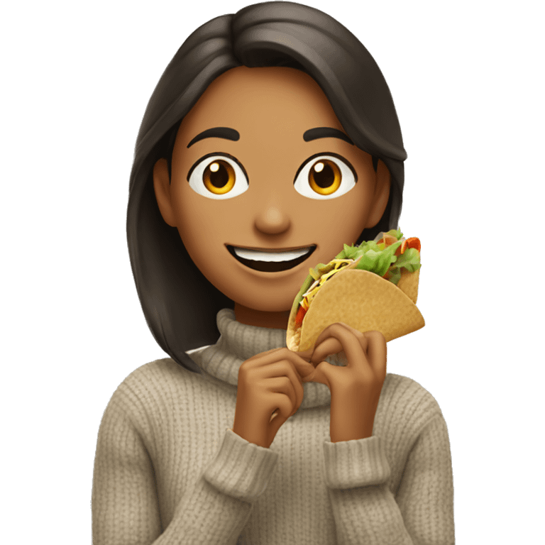 smiling girl in turtleneck sweater eating a taco emoji