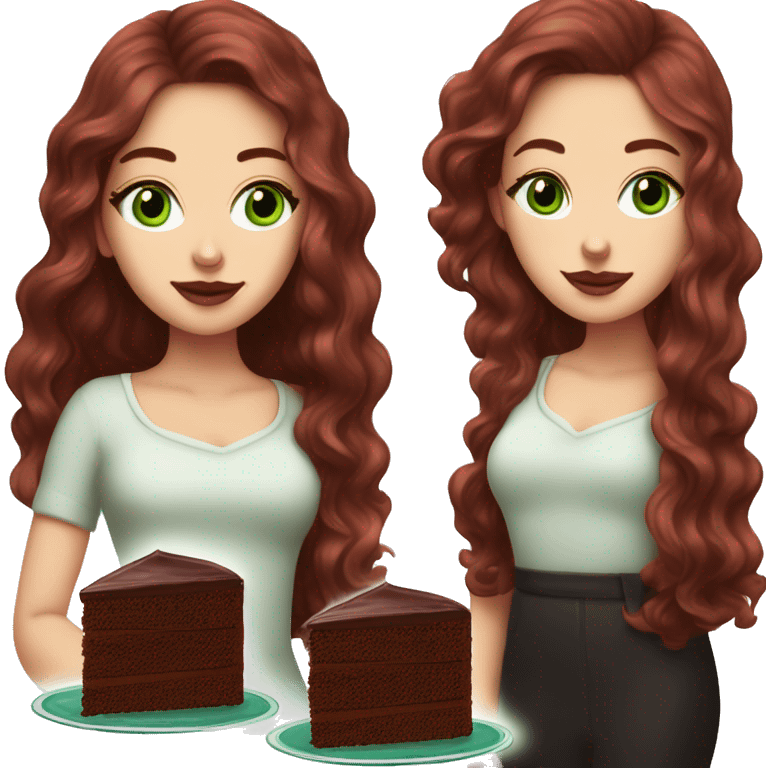 a white girl with dark red burgundy wavy hair and black eyeliner and green eyeseating a huge piece of chocolate cake  emoji