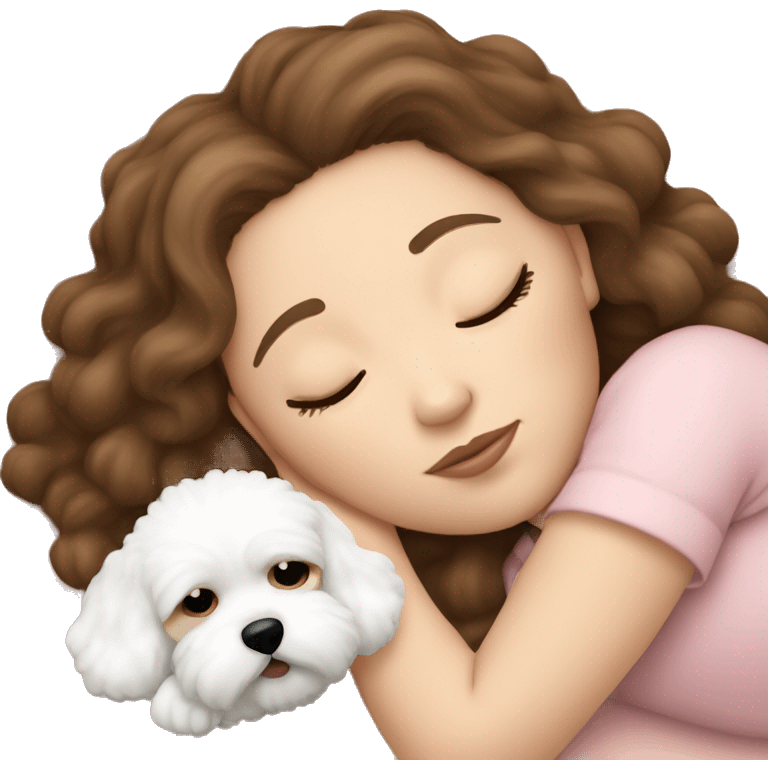 White girl brown hair sleeping with Mini Bichon emoji