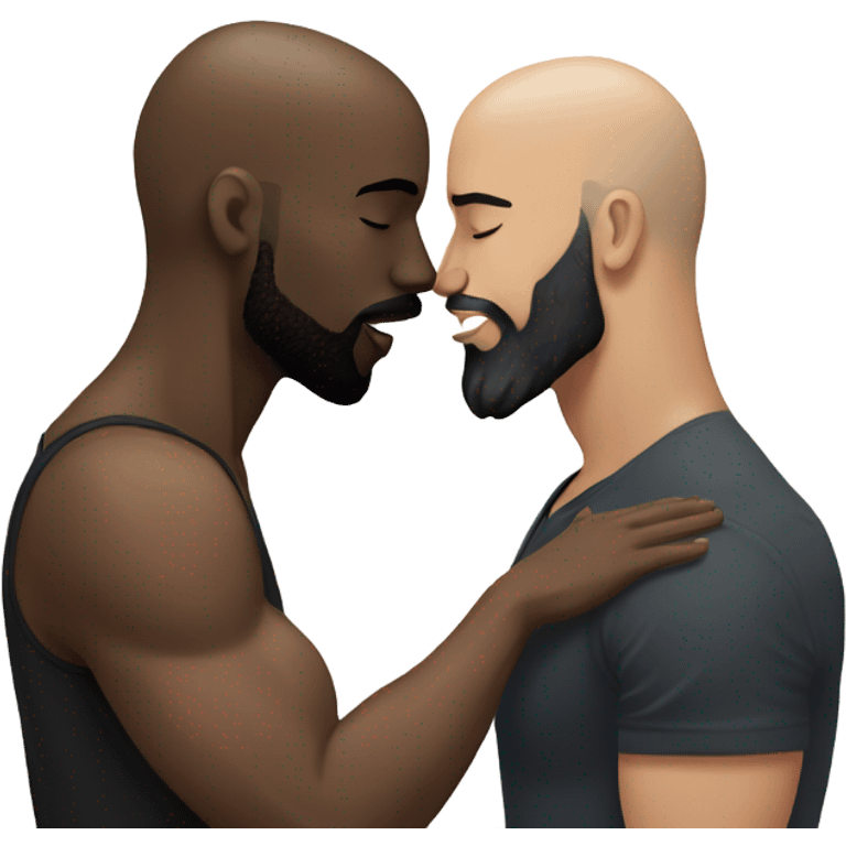 White brunette kissing muscular black bald man with beard emoji