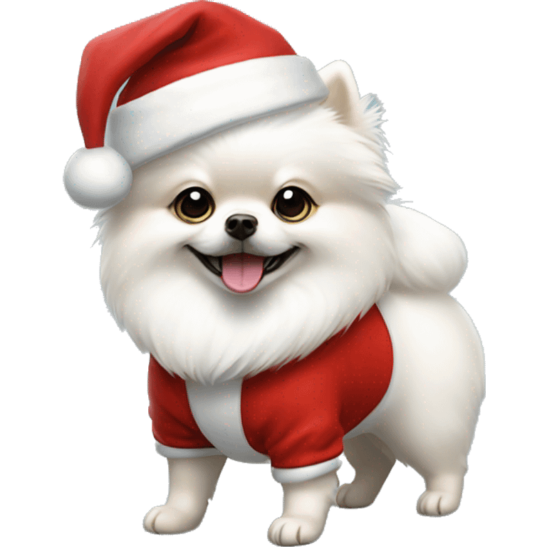 a white little Pomeranian with Santa clothes and a Santa hat emoji