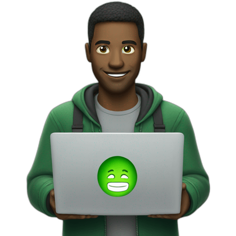 man, with a laptop, green stone logo on the laptop emoji