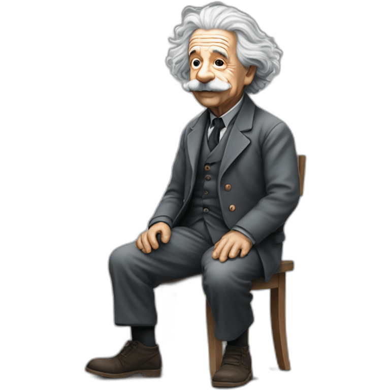 a full body perspective of albert einstein sitting on an invisible edge emoji