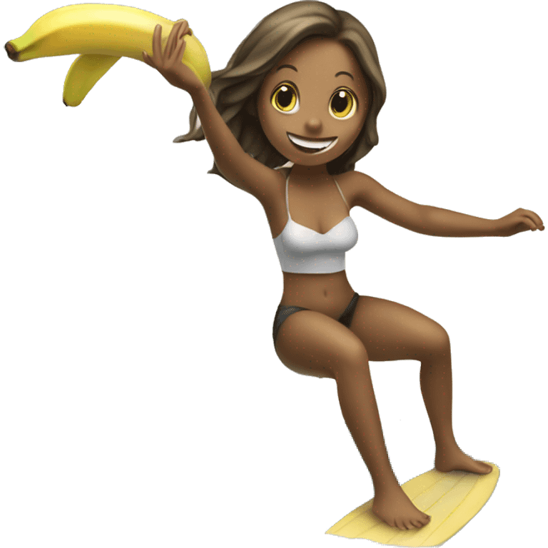 A girl surfing on dolphin eating banana emoji