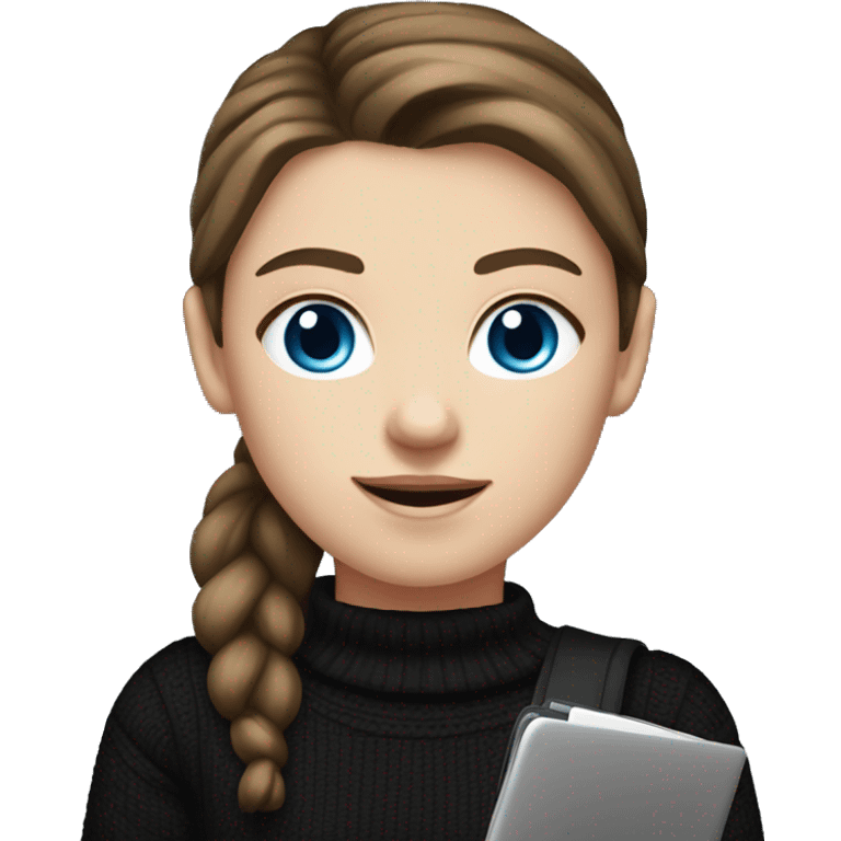 caucasian white girl student, holding laptop, blue eyes, dark brown hair ponytail wearing a thick black sweater emoji