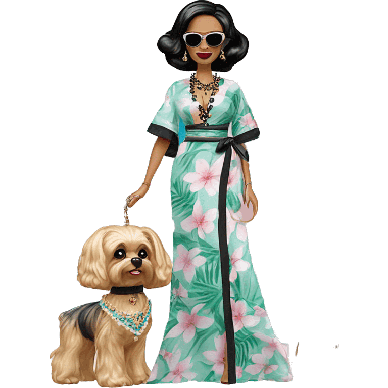 Palm Beach Breeze Barbie Wednesday Addams ,by the pool, white skin, full body visible, wavy hair,handbag, earrings,flowing floral caftan,small 2 piece, sunglasses on top,heels,holding yorkie Miss Thang emoji