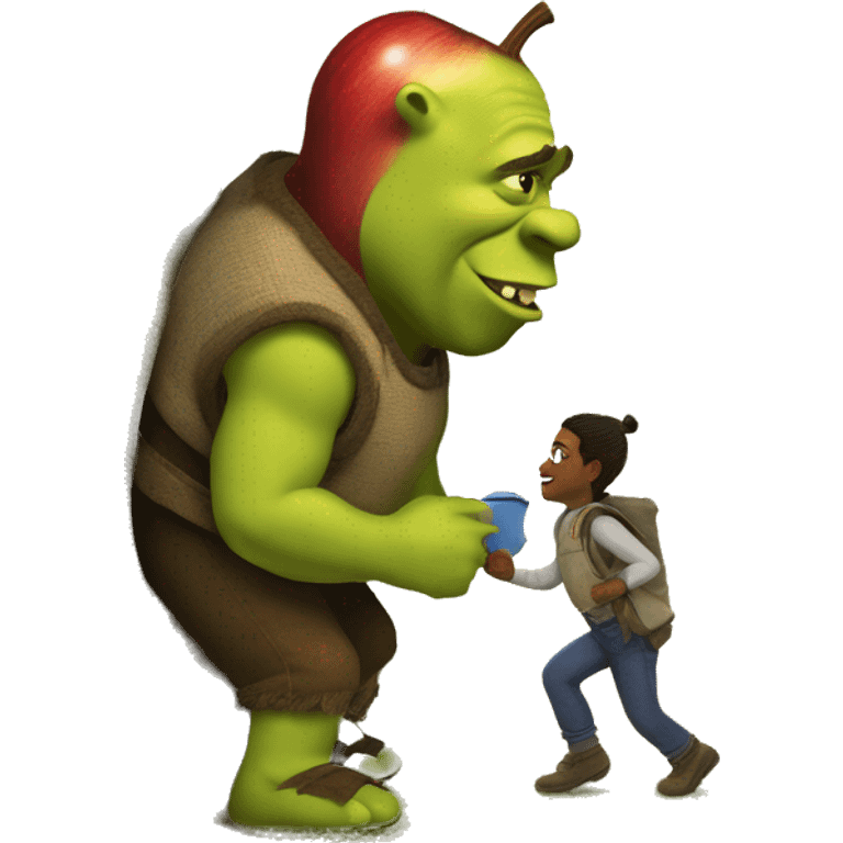 One day, Shrek decided to go for a walk. As he was walking about, he found a tree where he discovered an apple. Upon that apple,there was a worm, and upon that worm there was a fly. emoji