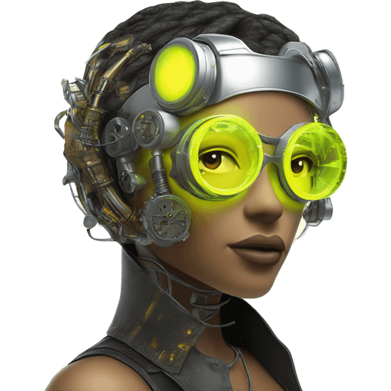 Neon yellow bobbed hair Latina female cyborg head with silver steampunk goggles and circuits emoji