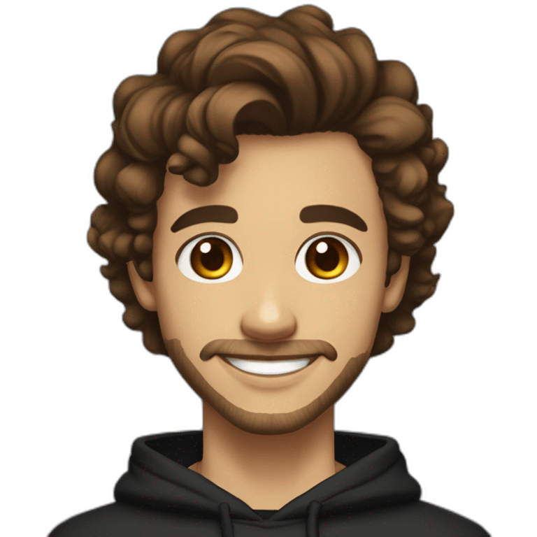 young man with short beard smiling medium long wavy rockabilly style brown hair with light skin and dark brown eyes wearing black sweatshirt hoodie emoji