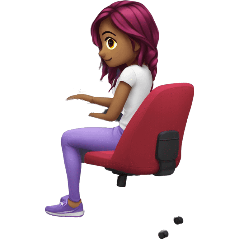 gaming setup, girl, white purple chair,white desk, red keyboard, computer host emoji