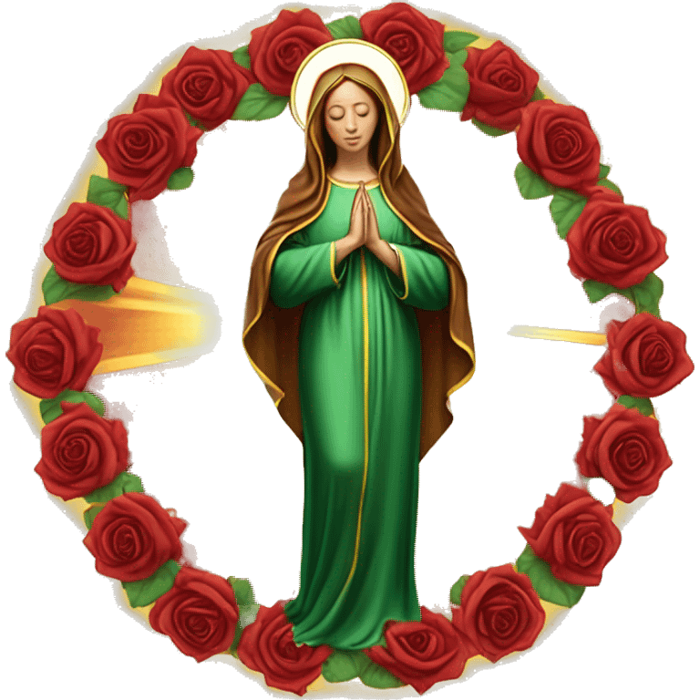 Virgin Mary: kind face looking down at the left, long brown hair, Wearing an emerald green  robe with gold stars and a burgundy red dress,  Hands in prayer or blessing. Halo around her head. standing in front of a big sun. colorful roses on the sides  emoji