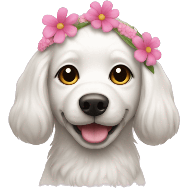 White dog with pink flower band emoji